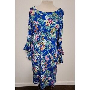 Women's Shelby‎ & Palmer Colorful Floral 3/4 Bell Sleeve Sheath Dress Size 14